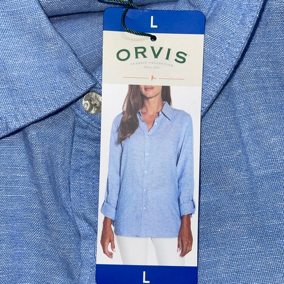 NWT Orvis long sleeve blue linen and rayon top roll cuff with buttons size large - Picture 6 of 9